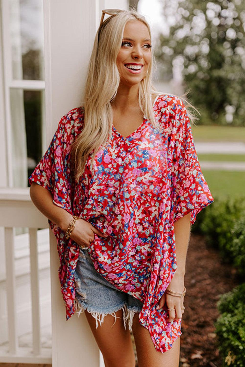 Abstract Floral Print Oversize Tunic Top - L & M Kee, LLC