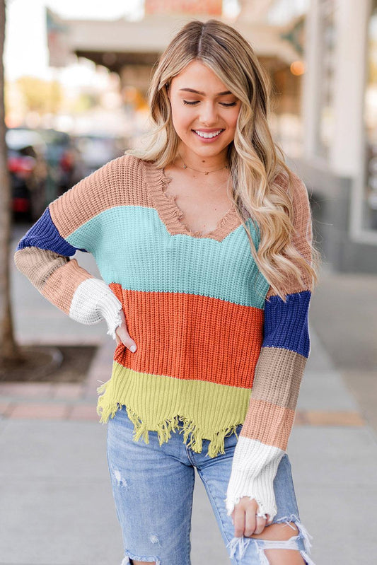 Colorblock Distressed Sweater - L & M Kee, LLC