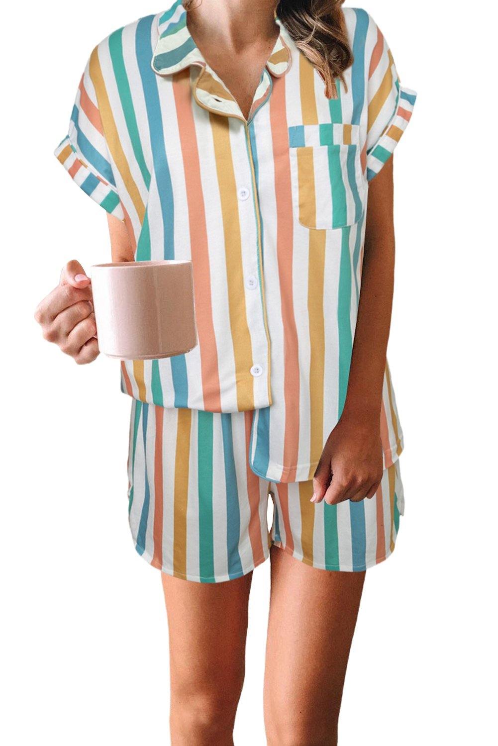 Multicolor Striped Turn-down Collared Pajamas Set - L & M Kee, LLC