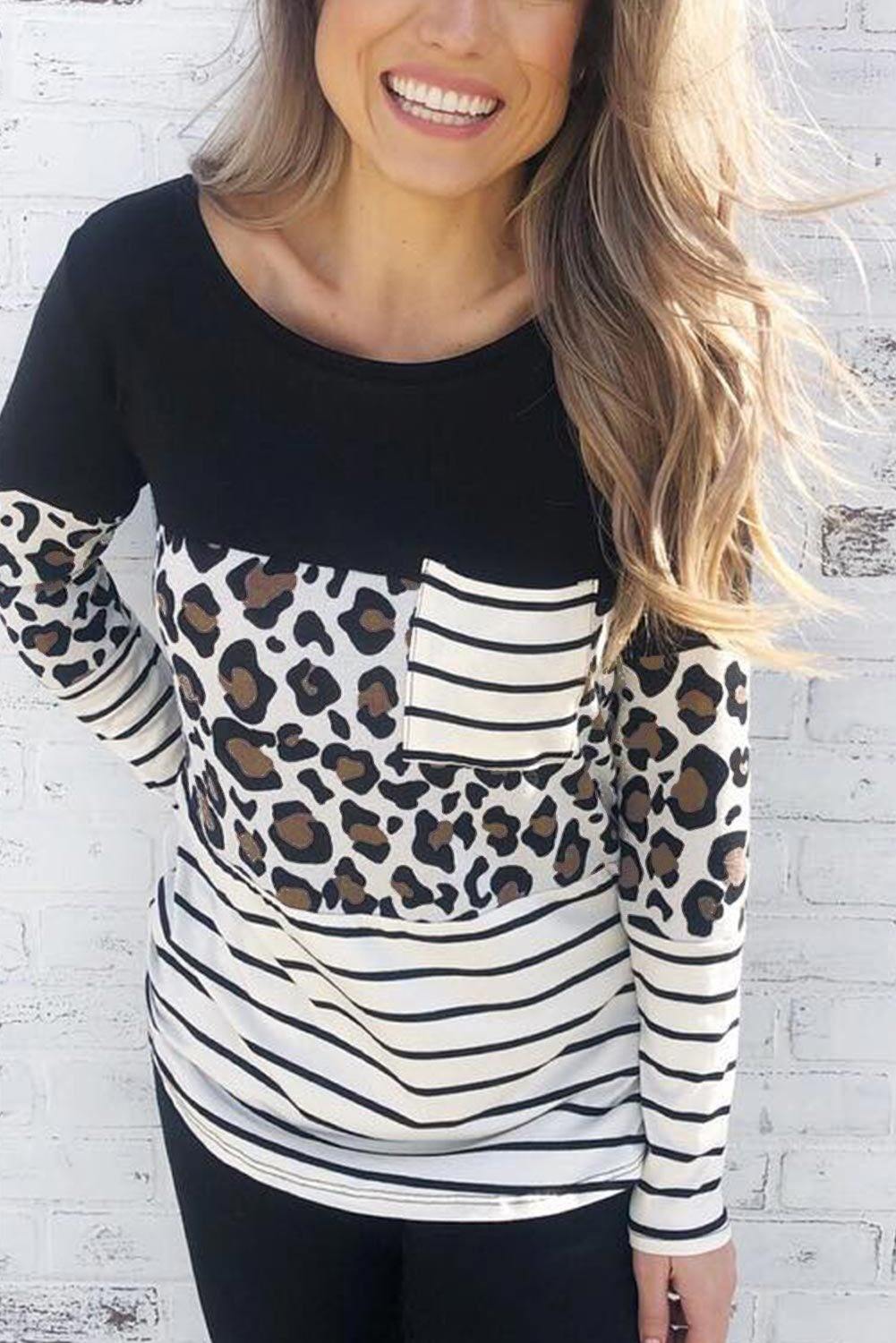 Striped Patchwork Long Sleeve Top with Pocket - L & M Kee, LLC