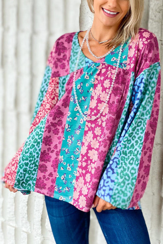 Multicolor Floral Leopard Mix Patchwork Loose Pullover - L & M Kee, LLC