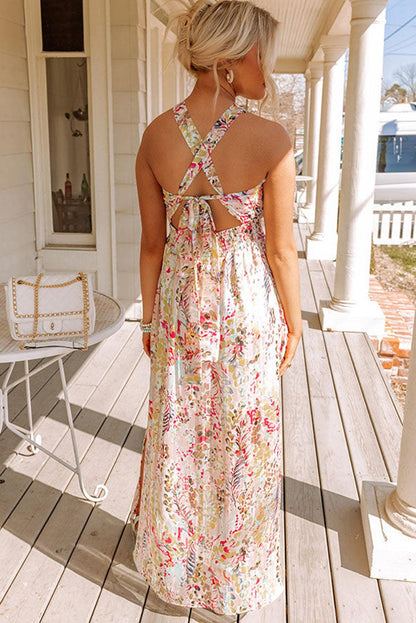 Multicolor Crisscross Backless Long Floral Dress - L & M Kee, LLC