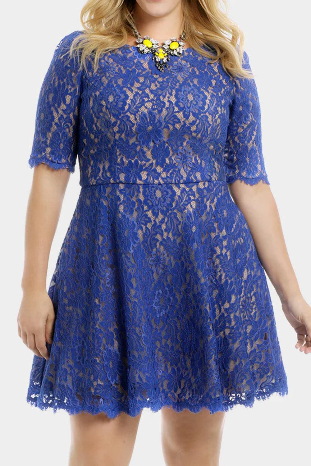 Floral Lace Nude Illusion Plus Size Skater Dress - L & M Kee, LLC