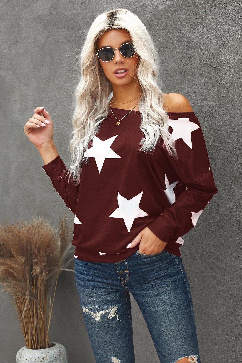 Fashion Five-pointed Star Print Round Neck Black Sweatshirt - L & M Kee, LLC