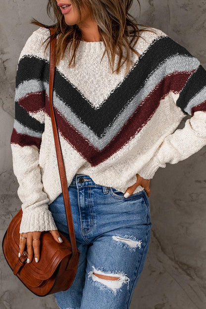 Beige Chevron Striped Drop Shoulder Sweater - L & M Kee, LLC