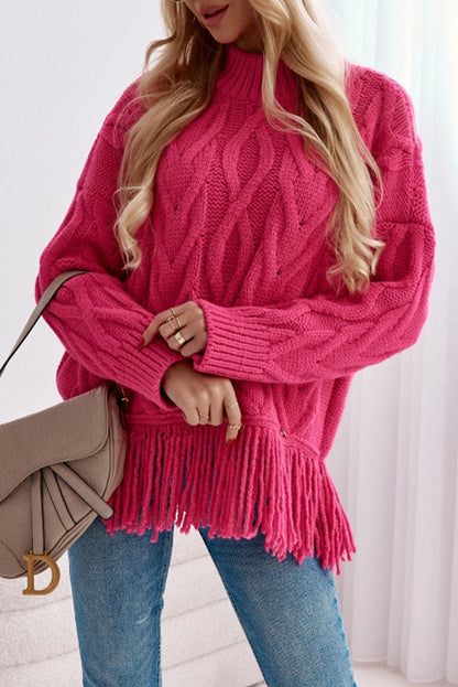 High Neck Cable Knit Tasseled Sweater - L & M Kee, LLC