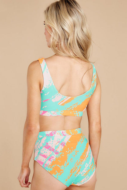 Abstract Waves Print High Waist Bikini Swimsuit - L & M Kee, LLC