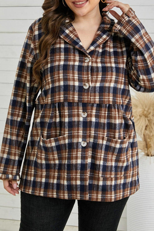 Plaid Print Button-up Turn Down Collar Plus Size Coat - L & M Kee, LLC