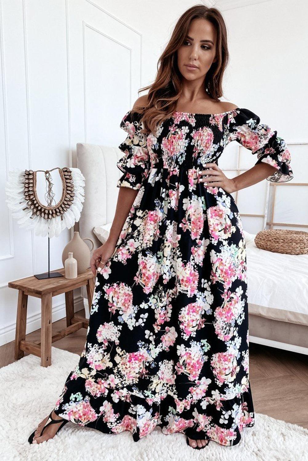 Floral Print Smocked Bust High Waist Maxi Dress - L & M Kee, LLC