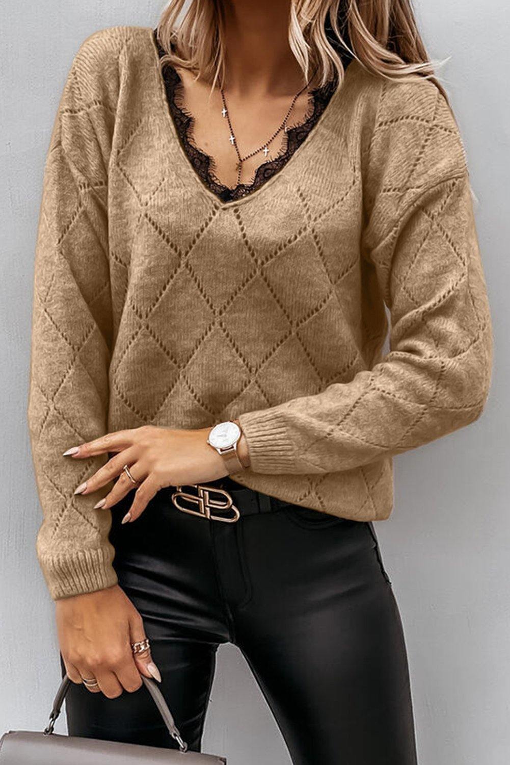 Lace V Neck Drop-Shoulder Sleeve Pointelle Sweater - L & M Kee, LLC