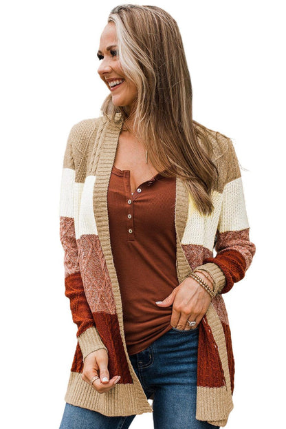 Khaki Color Block Long Sleeve Open Front Cardigan Sweater - L & M Kee, LLC