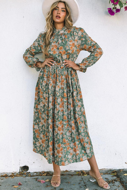 Pleated Long Sleeve Maxi Floral Dress with Tie - L & M Kee, LLC