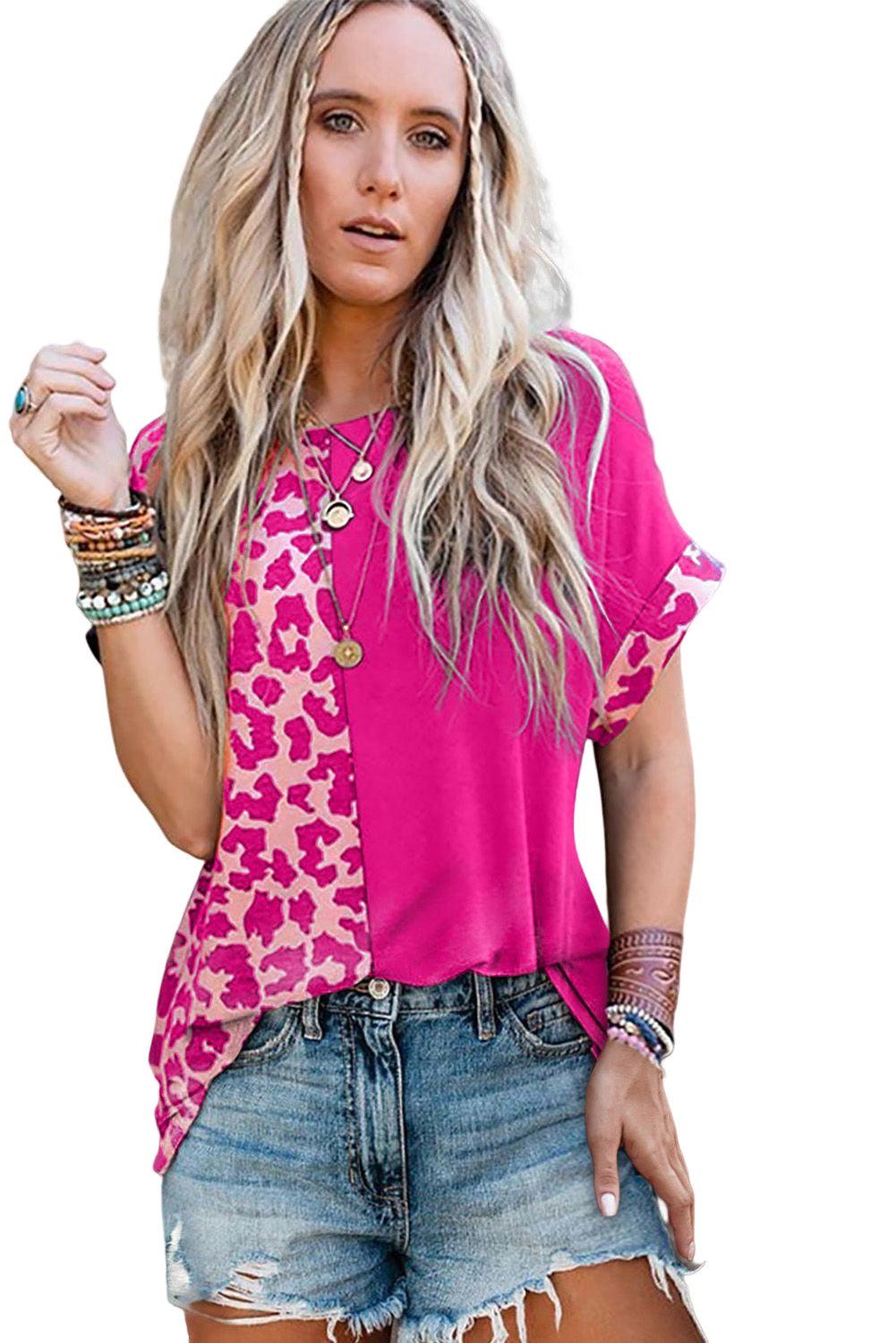 Half Leopard Patchwork Short Sleeves Top - L & M Kee, LLC