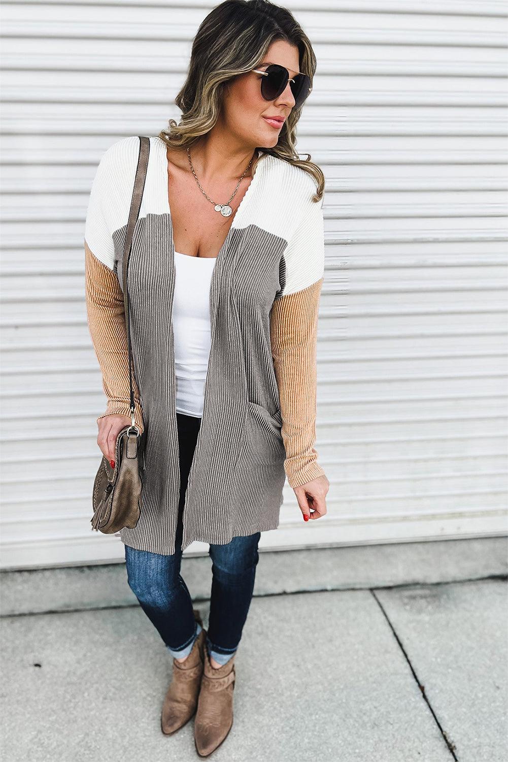 Corded Colorblock Open Front Cardigan - L & M Kee, LLC