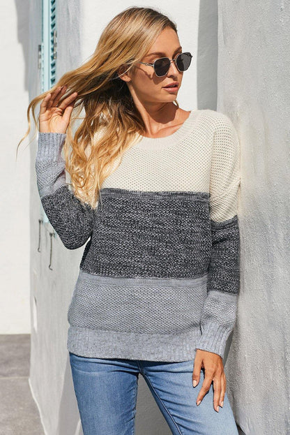 Gray Color Block Netted Texture Pullover Sweater - L & M Kee, LLC