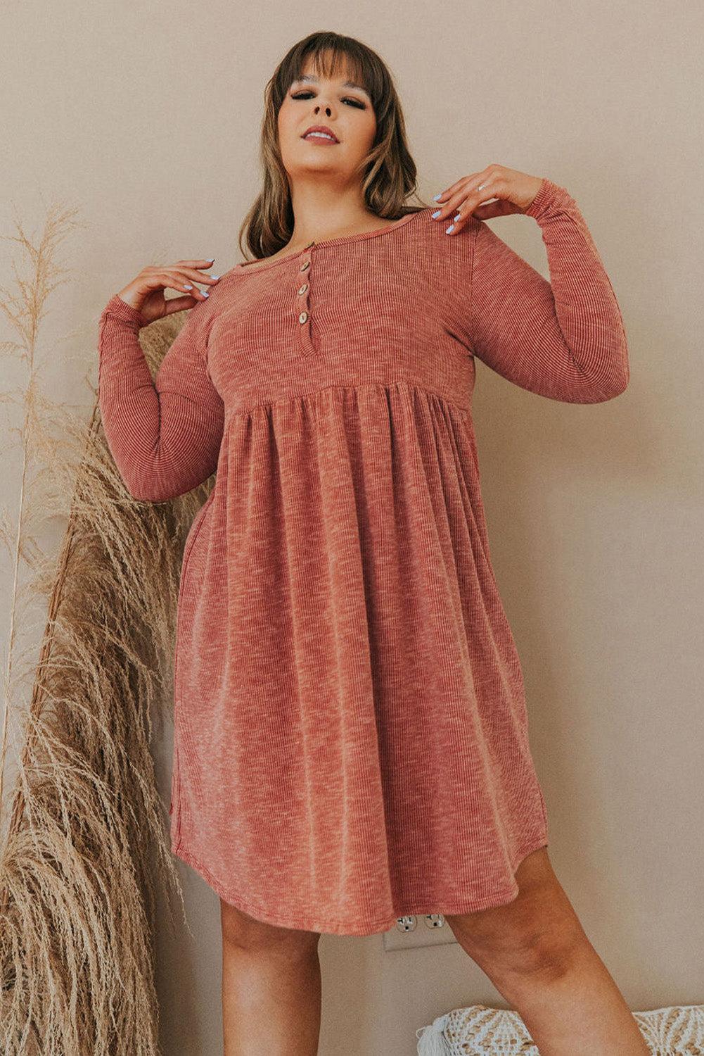 Plus Size Mineral Washed Ribbed Henley Dress - L & M Kee, LLC