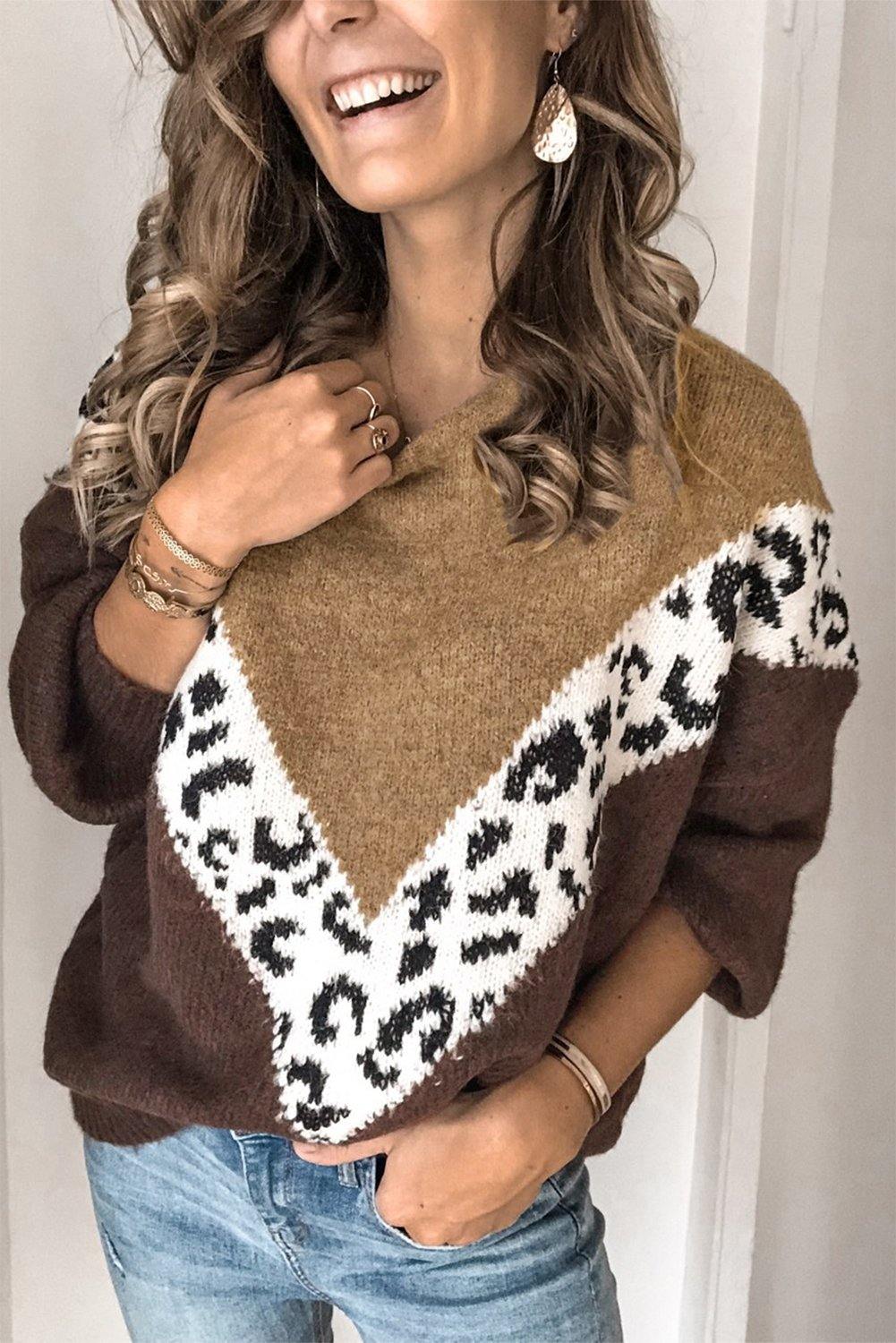 Colorblock Chevron Leopard Pullover Sweater - L & M Kee, LLC
