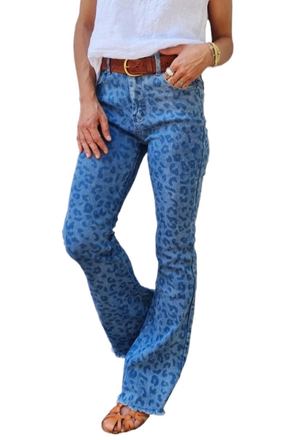 Leopard Print Raw Hem High Waist Flare Jeans - L & M Kee, LLC