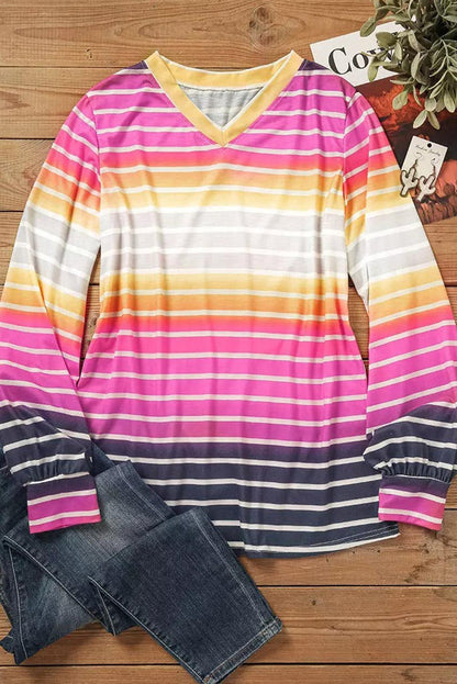 Multicolor Gradient Striped Long Sleeve V-Neck Blouse - L & M Kee, LLC