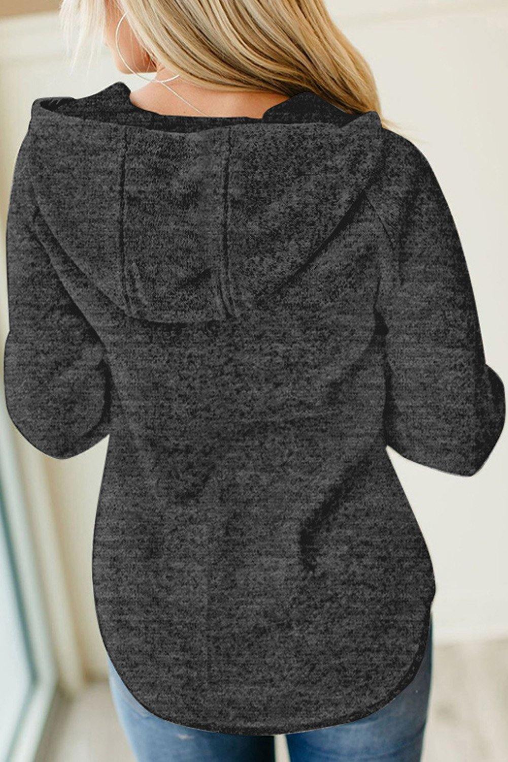 Black Heathered Print Button Snap Neck Pullover Hoodie - L & M Kee, LLC