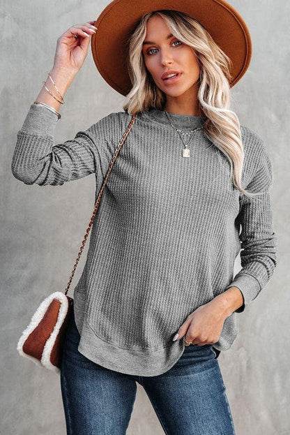 Crew Neck Ribbed Trim Waffle Knit Top - L & M Kee, LLC