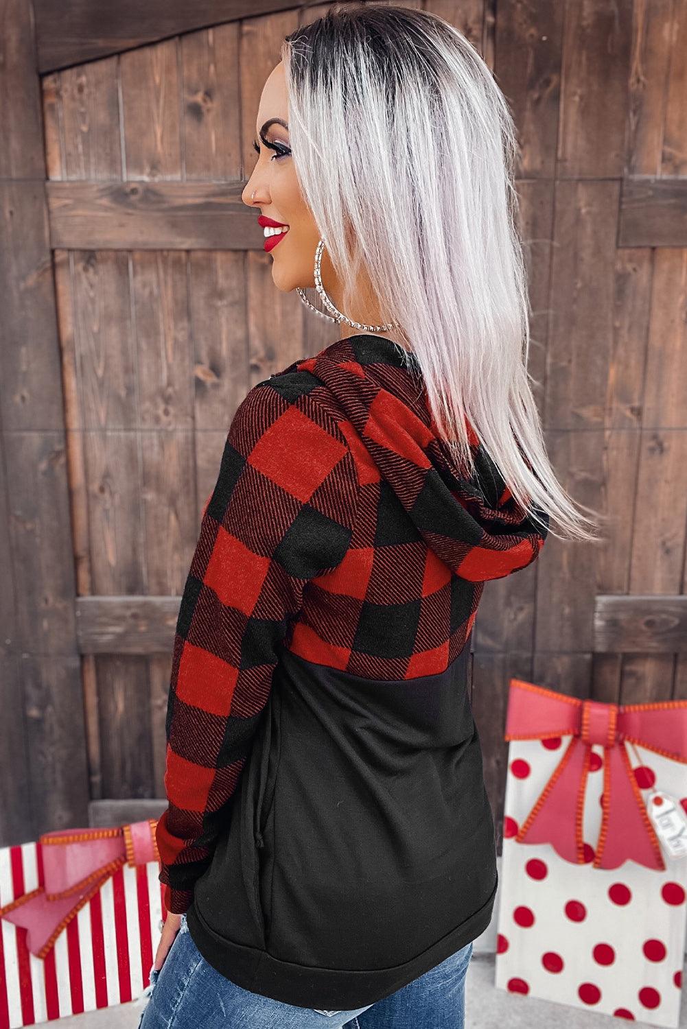 Contrast Buffalo Plaid Zip Pullover Hooded Top - L & M Kee, LLC