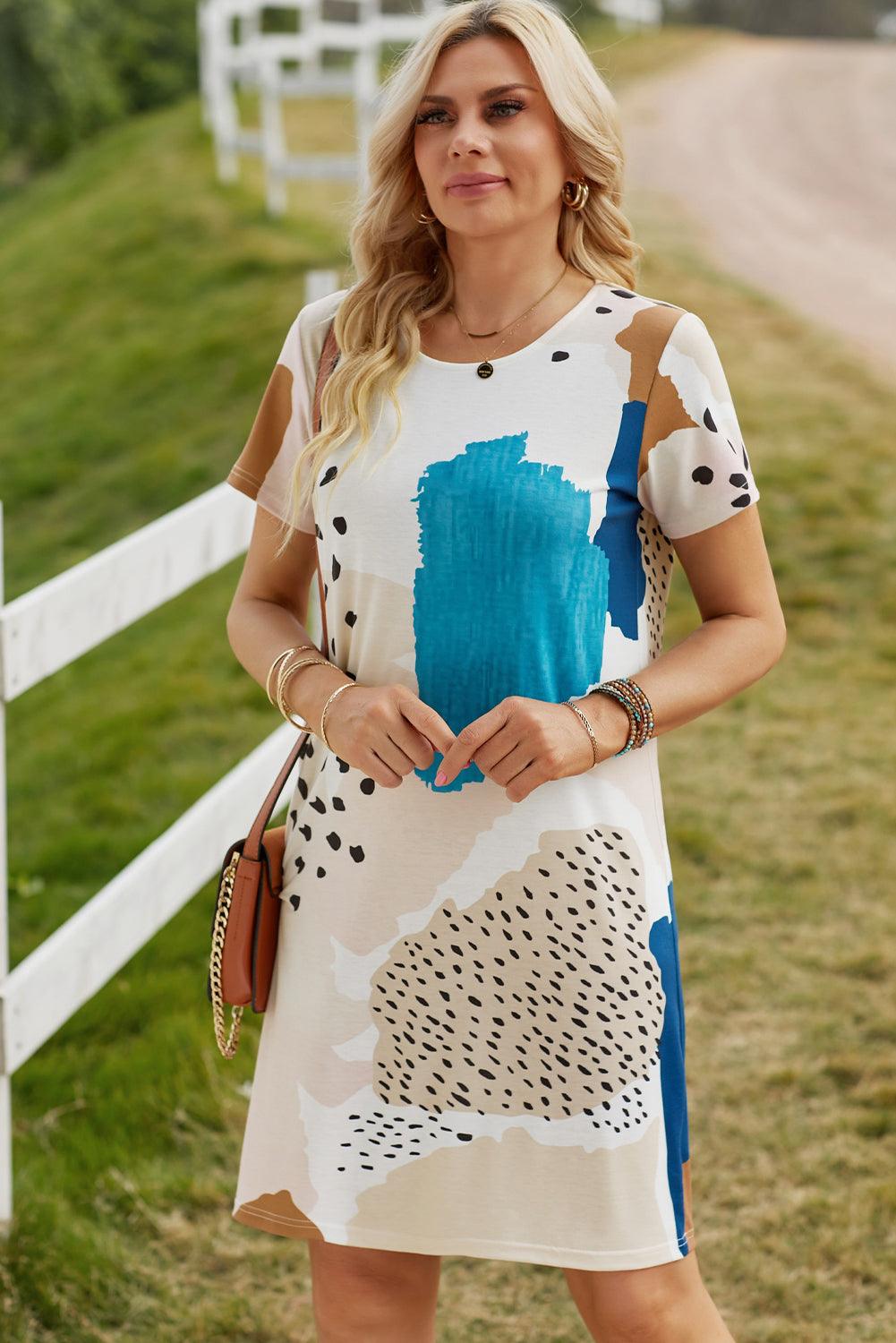 Light Blue Leopard Splicing Color Block Mini Dress - L & M Kee, LLC