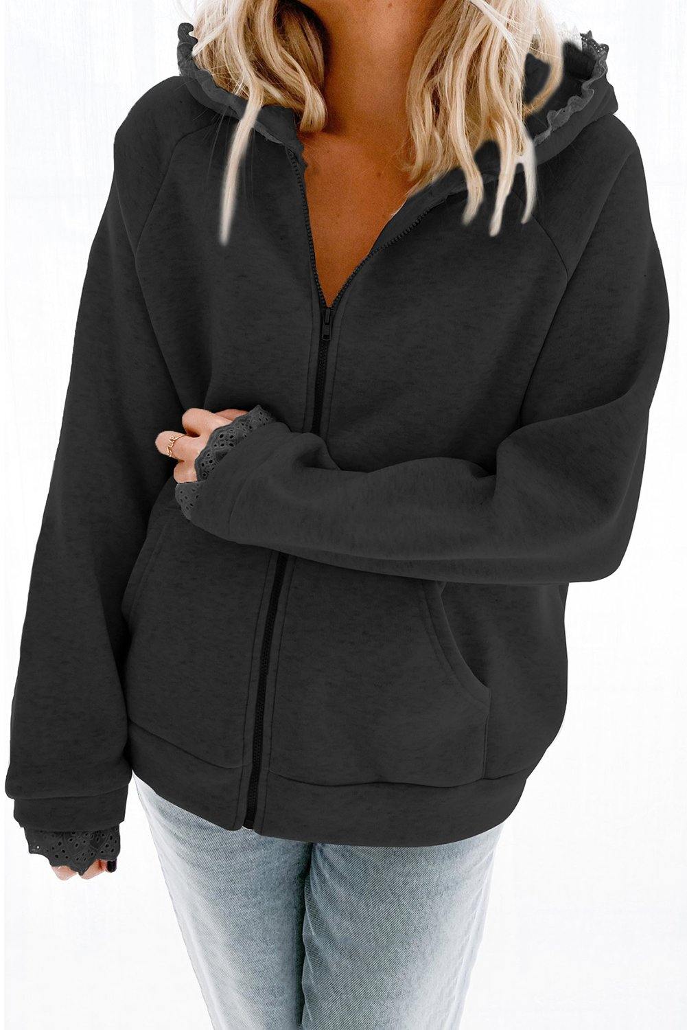 Zip-up Lace Trim Hooded Coat - L & M Kee, LLC