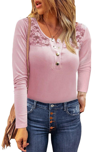 Lace Splicing Buttoned Long Sleeve Top - L & M Kee, LLC