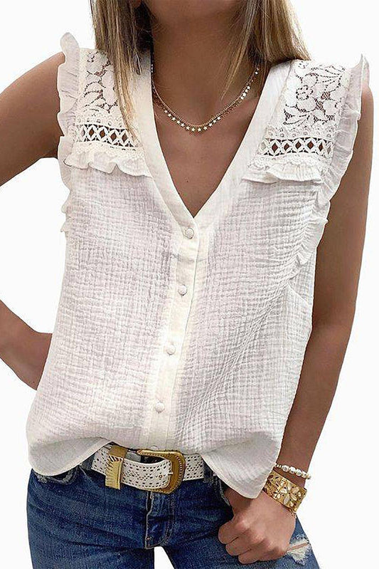 Floral Lace Crochet Textured Sleeveless Shirt - L & M Kee, LLC