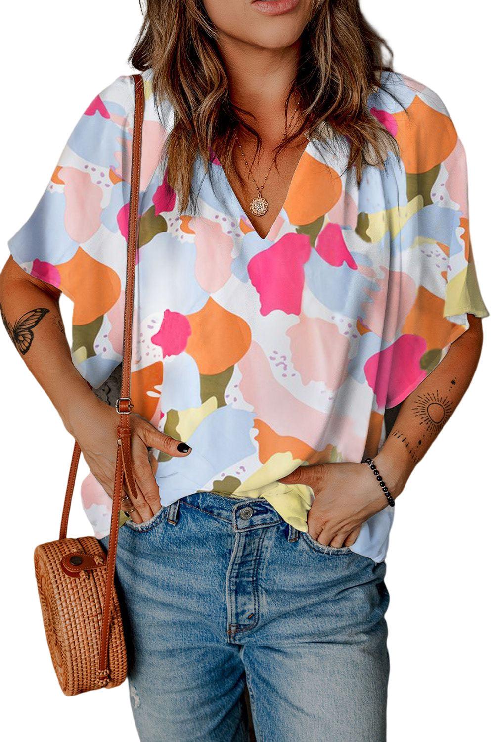 Multicolor Floral Print V Neck Half Sleeve Blouse - L & M Kee, LLC