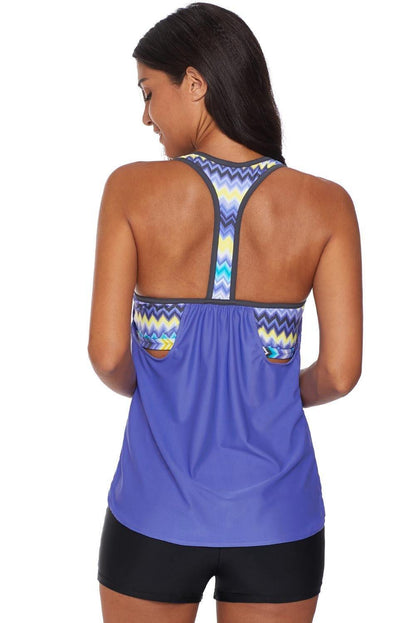 Blouson Striped Printed Strappy T-Back Push up Tankini Top - L & M Kee, LLC