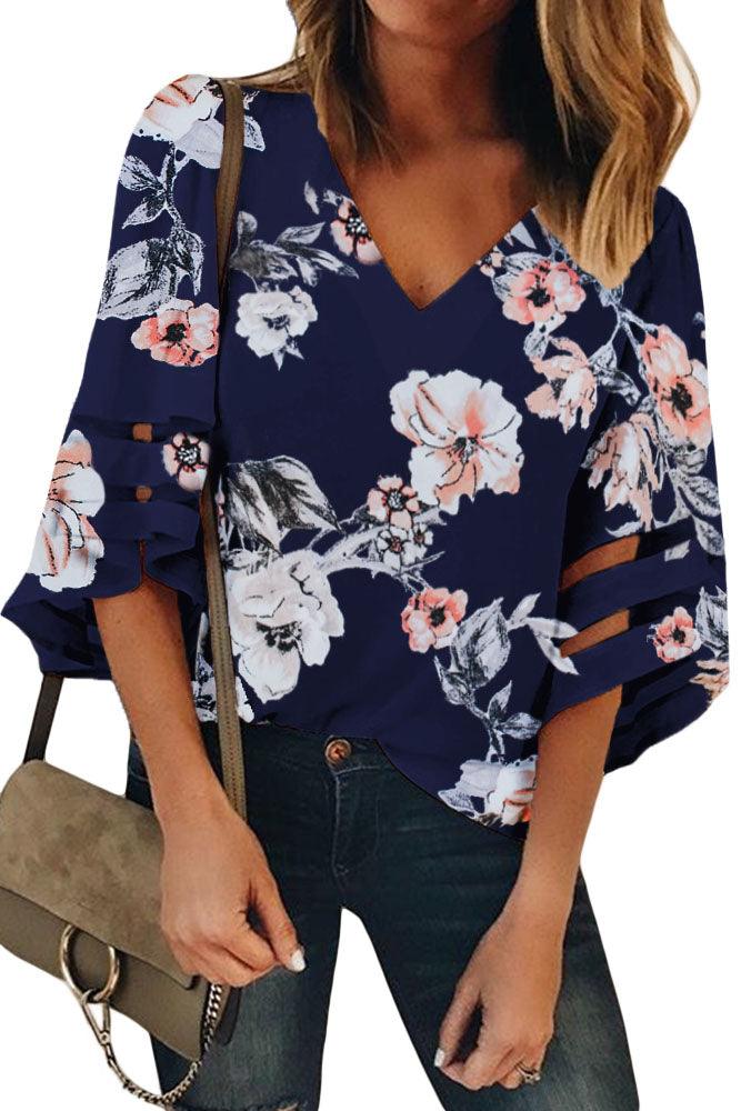 3/4 Flared Sleeve Floral Blouse - L & M Kee, LLC