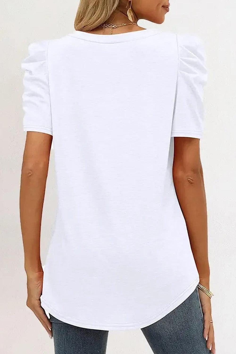 White Puff Sleeve V-Neck T-Shirt - L & M Kee, LLC