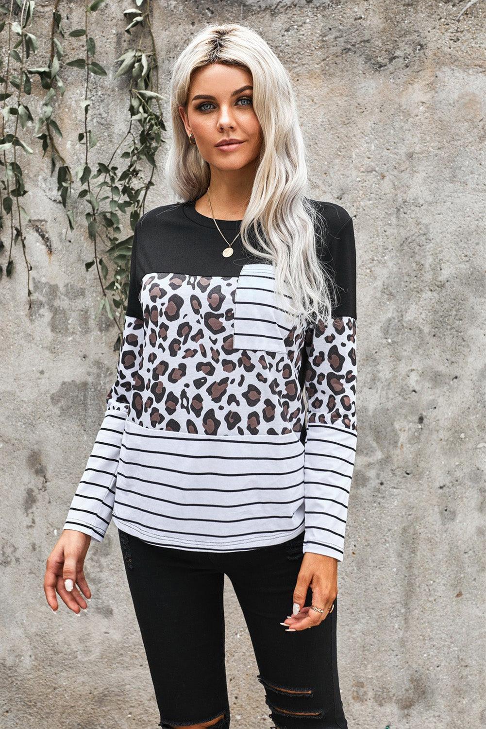 Leopard Striped Patchwork Long Sleeve Top with Pocket - L & M Kee, LLC