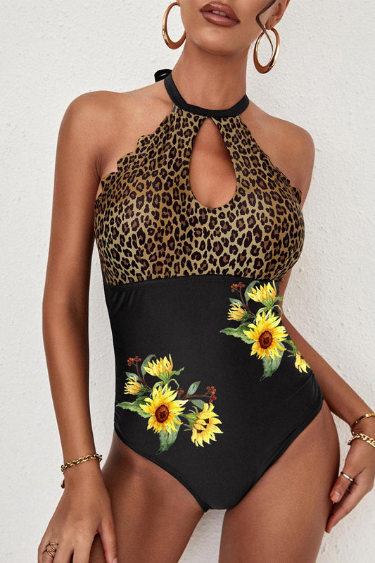 Leopard Scallop Trim Hollow-out One-piece Swimsuit - L & M Kee, LLC