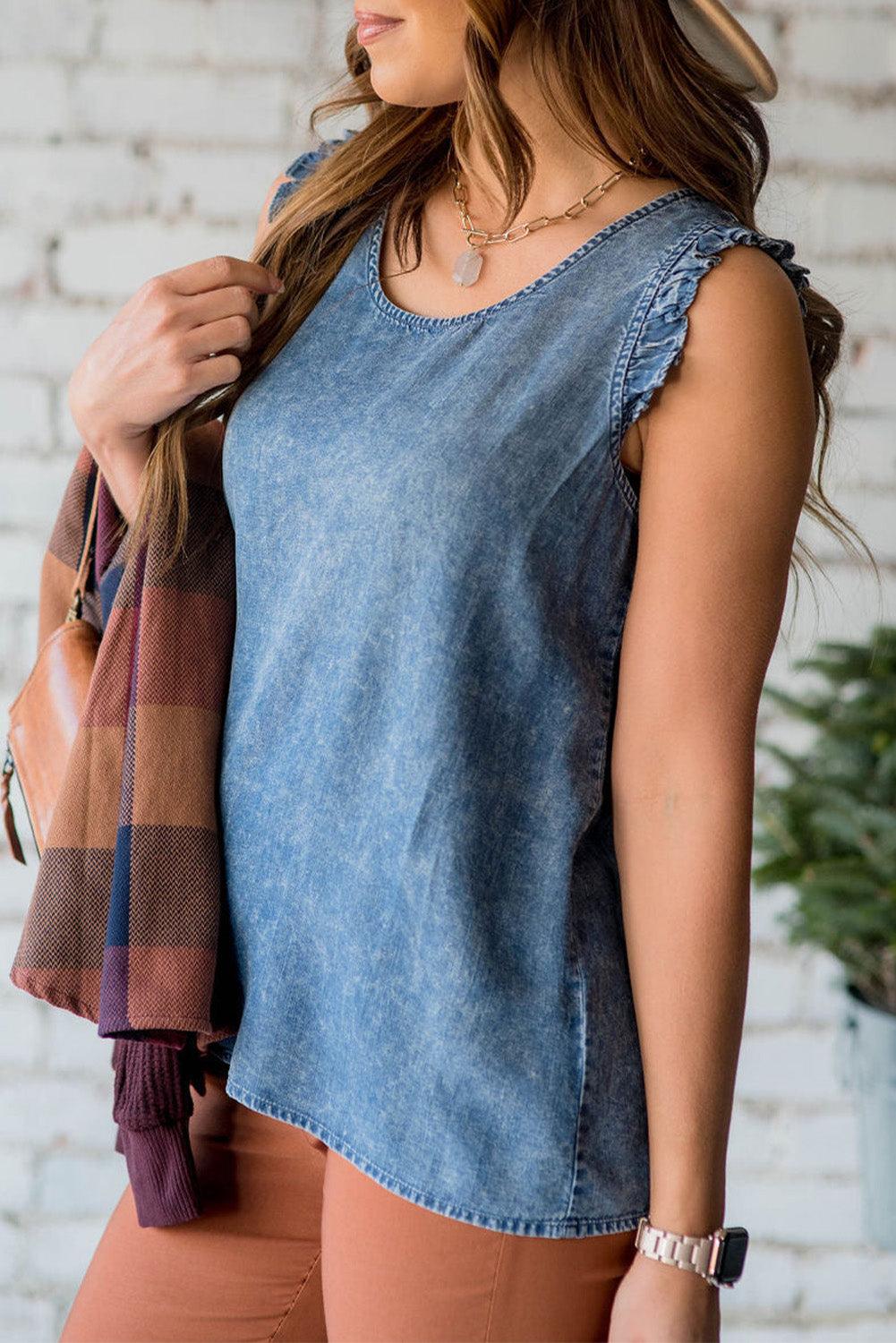 Ruffled Denim Tank Top - L & M Kee, LLC