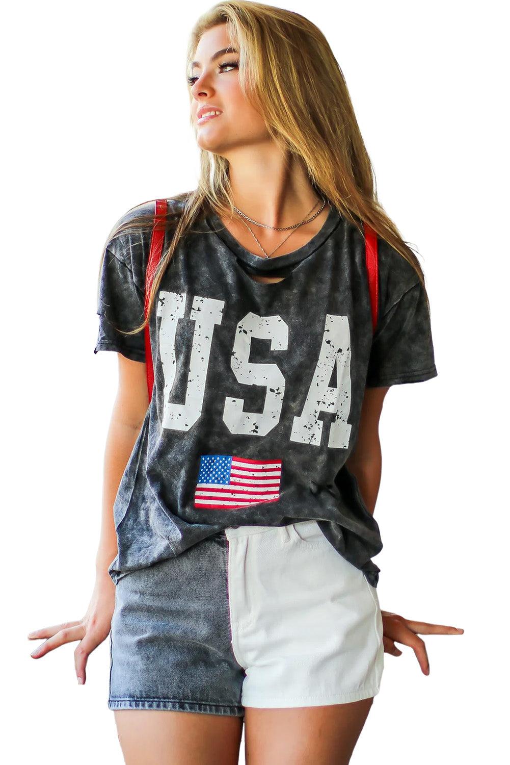 Distressed Tie-dye USA Flag Print T-shirt - L & M Kee, LLC