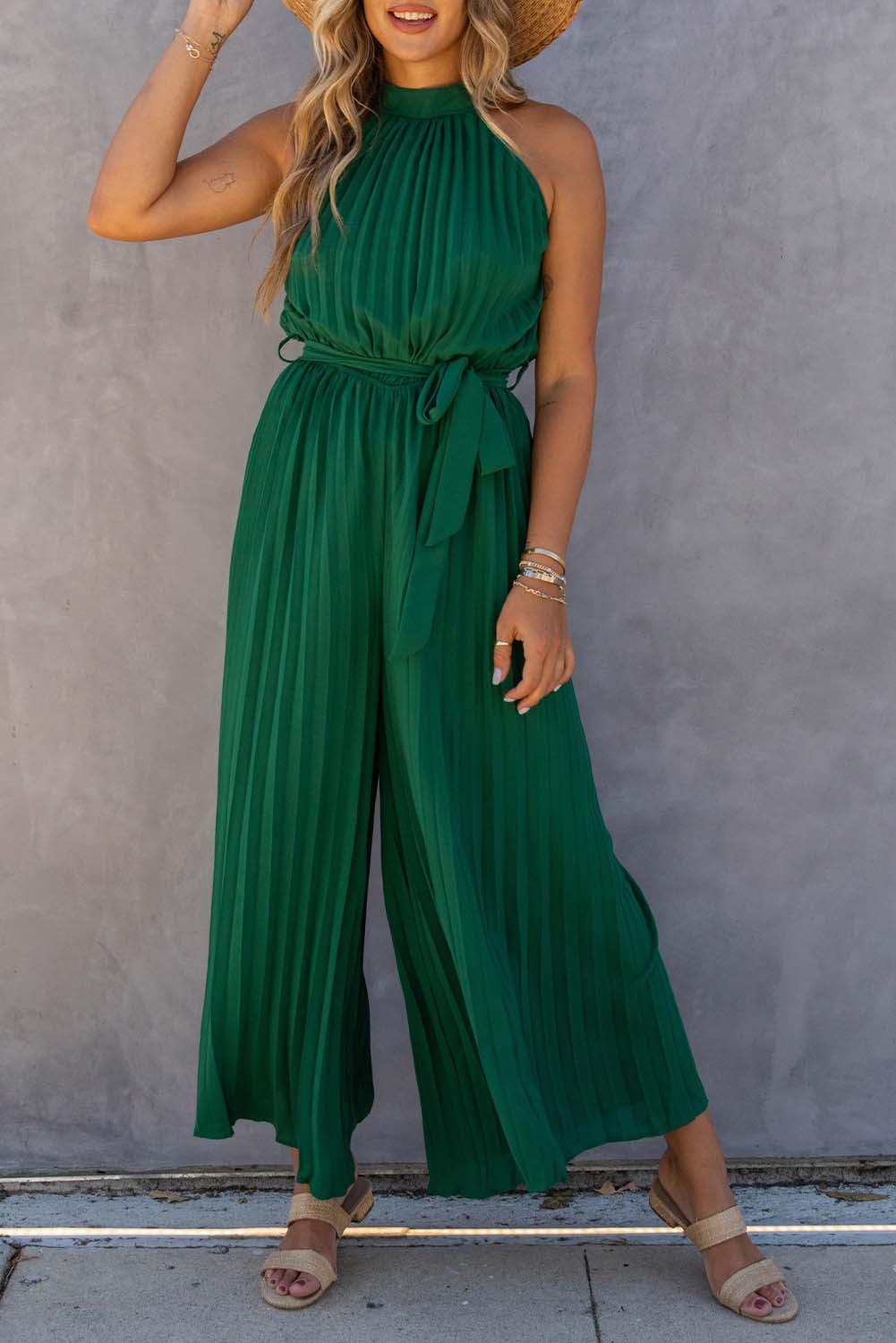 Halter Neck Pleated Wide Leg Jumpsuit with Belt - L & M Kee, LLC