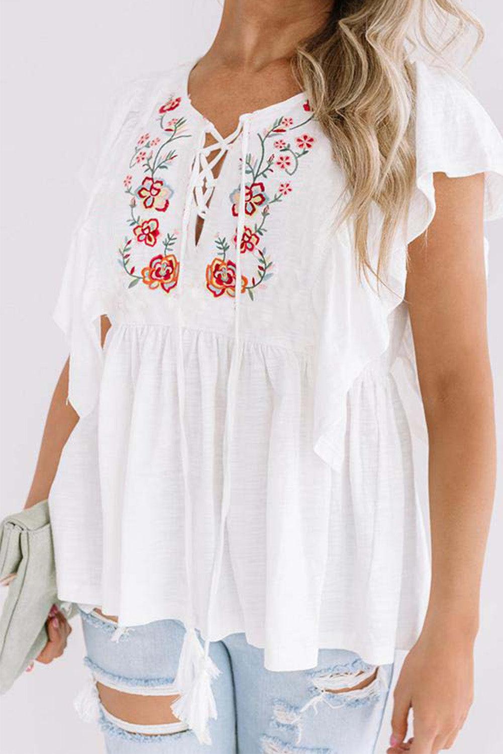 Floral Embroidered Ruffled Lace-up V Neck Top - L & M Kee, LLC