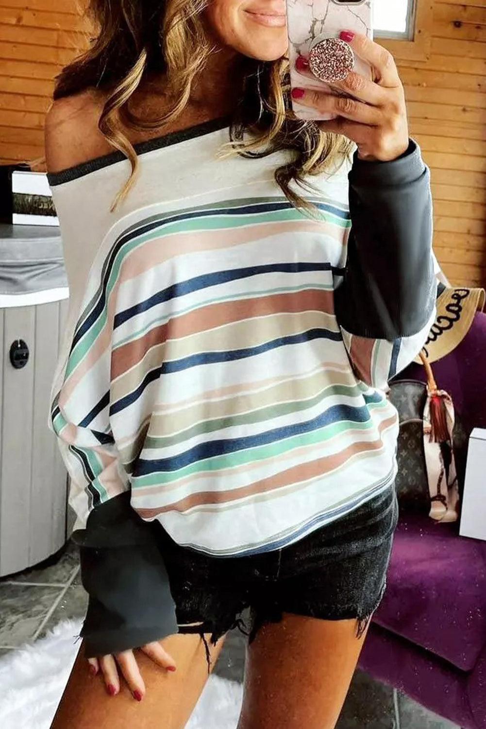 Multicolor Striped Color Block Loose Fit Long Sleeve Top - L & M Kee, LLC