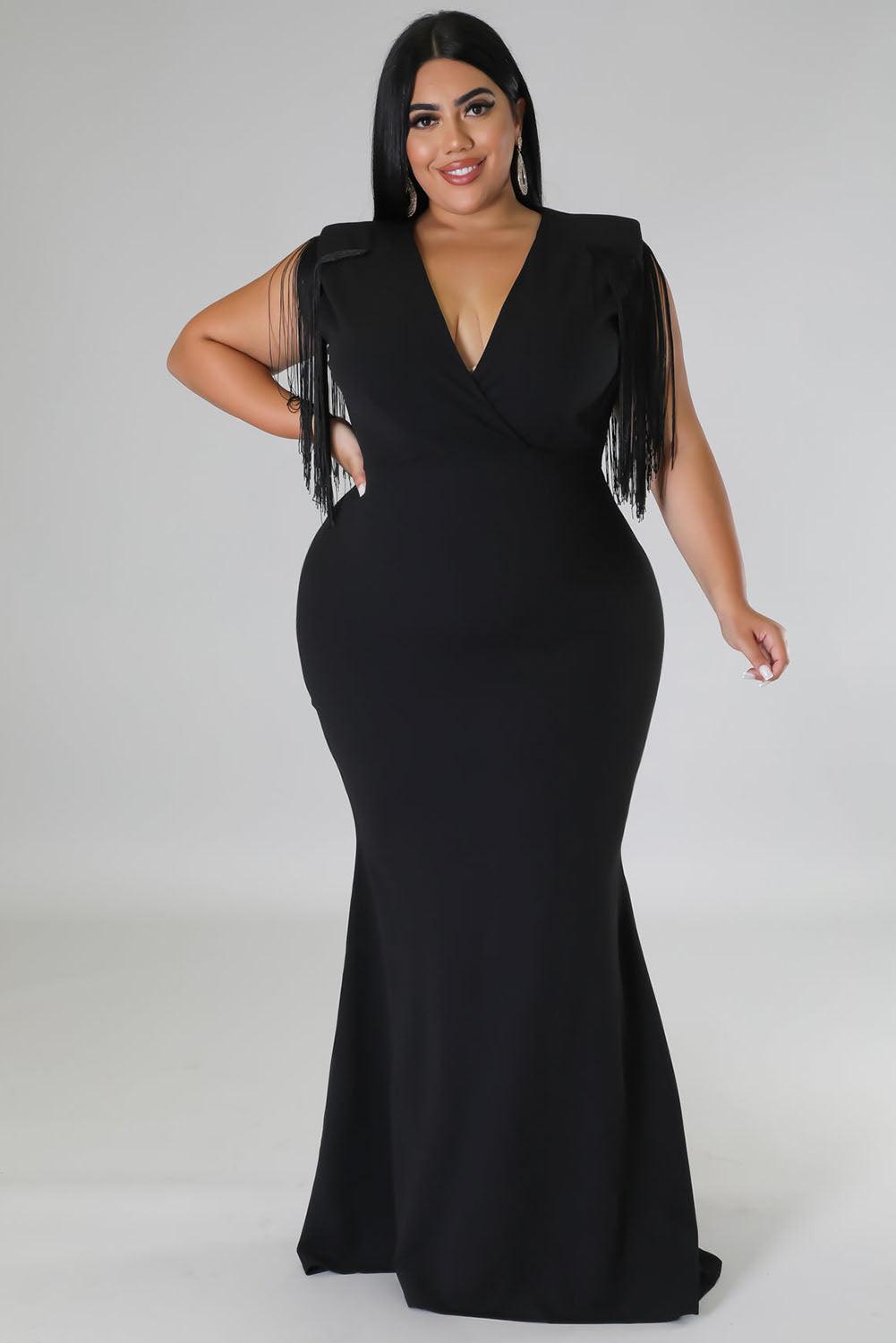 Plus Size Surplice V Neck Fringe Formal Maxi Dress - L & M Kee, LLC