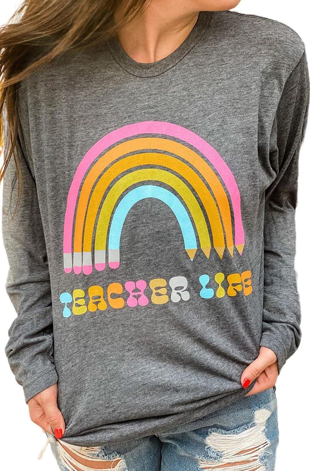 Rainbow Letter Print Crew Neck Graphic Sweatshirt - L & M Kee, LLC