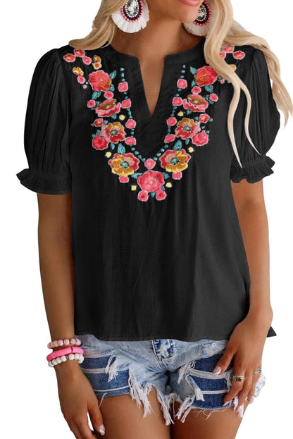 Floral Embroidered Ruffled Puff Sleeve Blouse - L & M Kee, LLC