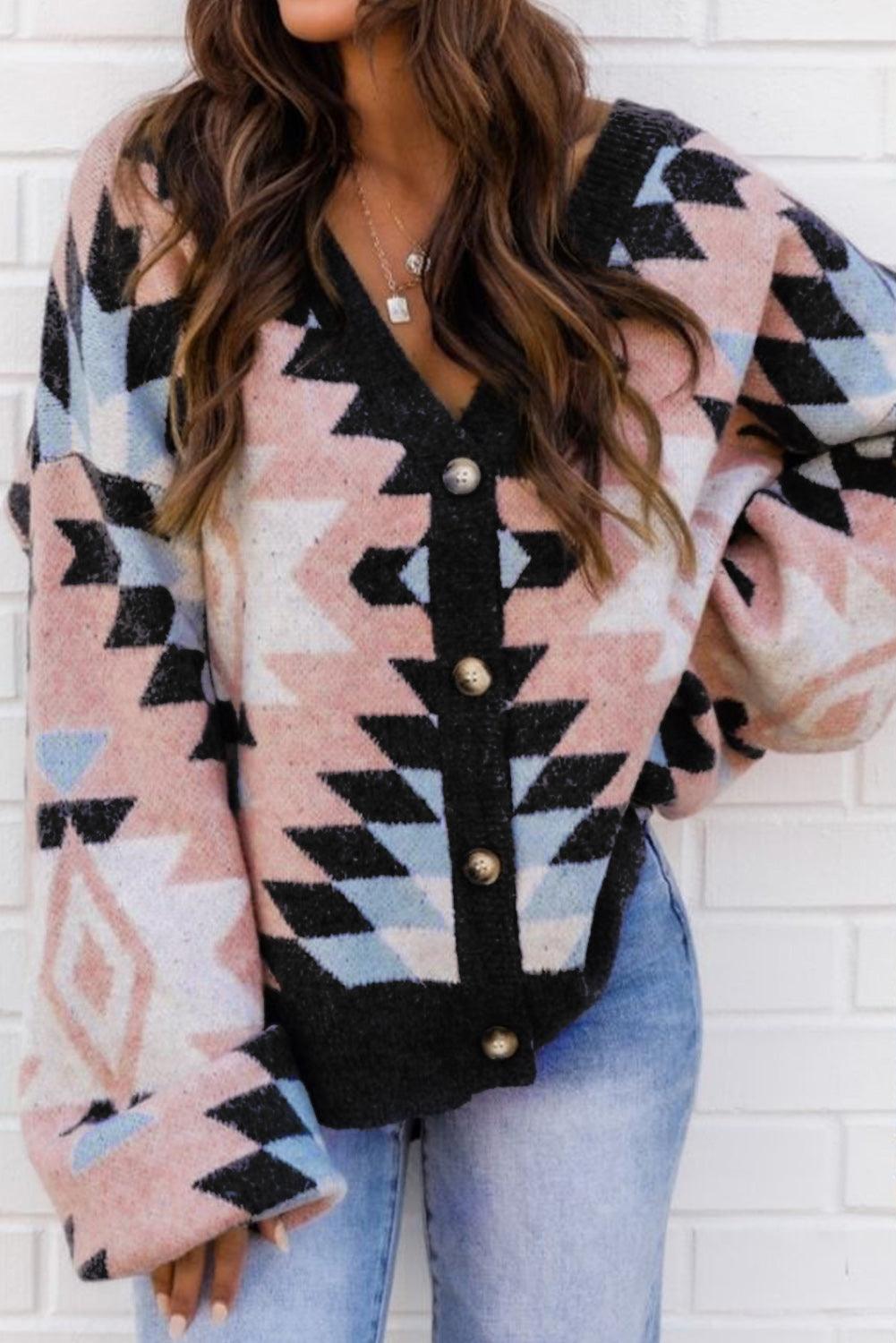 Oversized Aztec Buttons Front Cardigan - L & M Kee, LLC