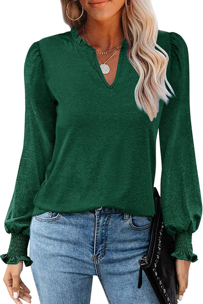 Frill V Neck Puff Long Sleeve Top - L & M Kee, LLC