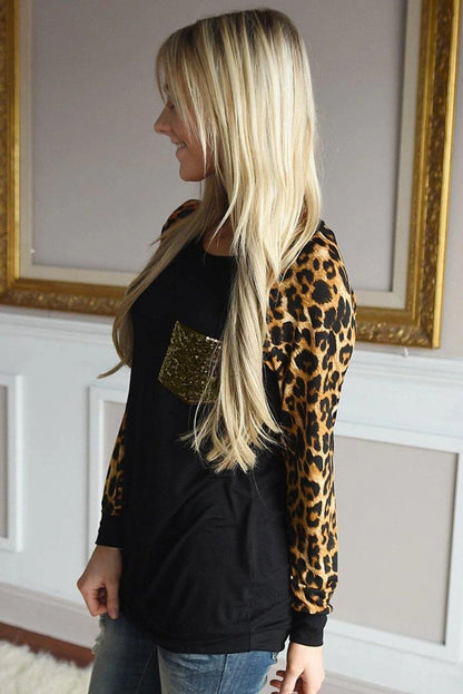 Round Neck Leopard Print Sequin Long Sleeve Top - L & M Kee, LLC