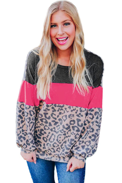 Color Block Leopard Patchwork Puff Sleeve Top - L & M Kee, LLC