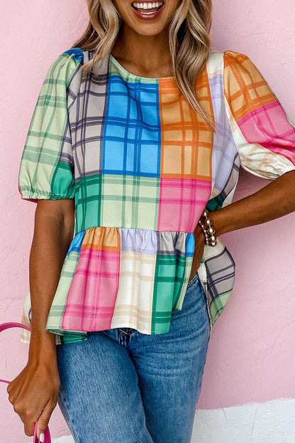 Multicolor Bold Plaid Color Block Puff Sleeve Peplum Top - L & M Kee, LLC