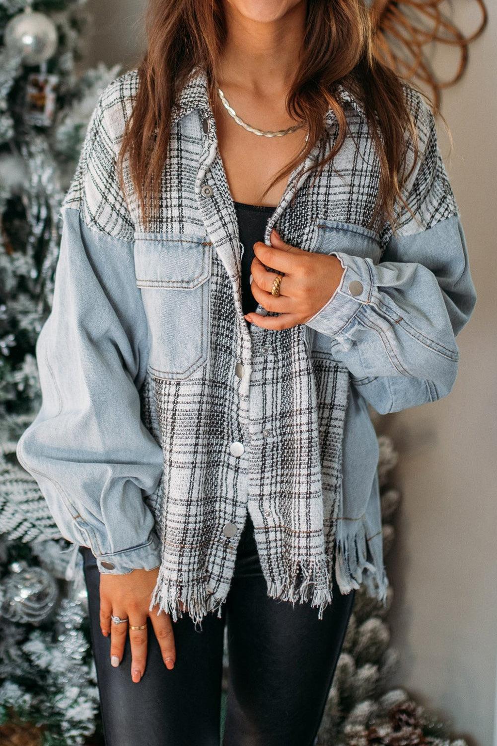 Plaid Patchwork Fringed Flap Pockets Denim Jacket - L & M Kee, LLC